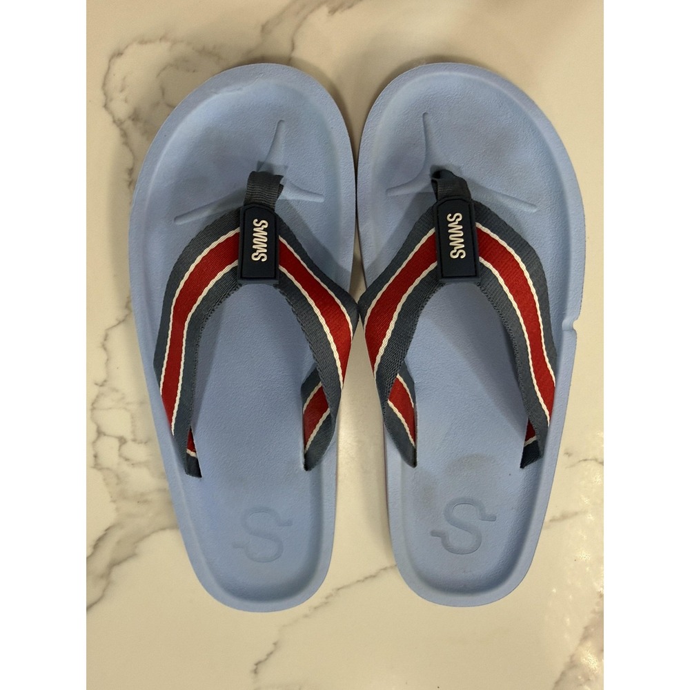 SWIMS Shoes Mens Size 11 Blue Flip Flop Sandals Red Stripe Cushioned Comfort